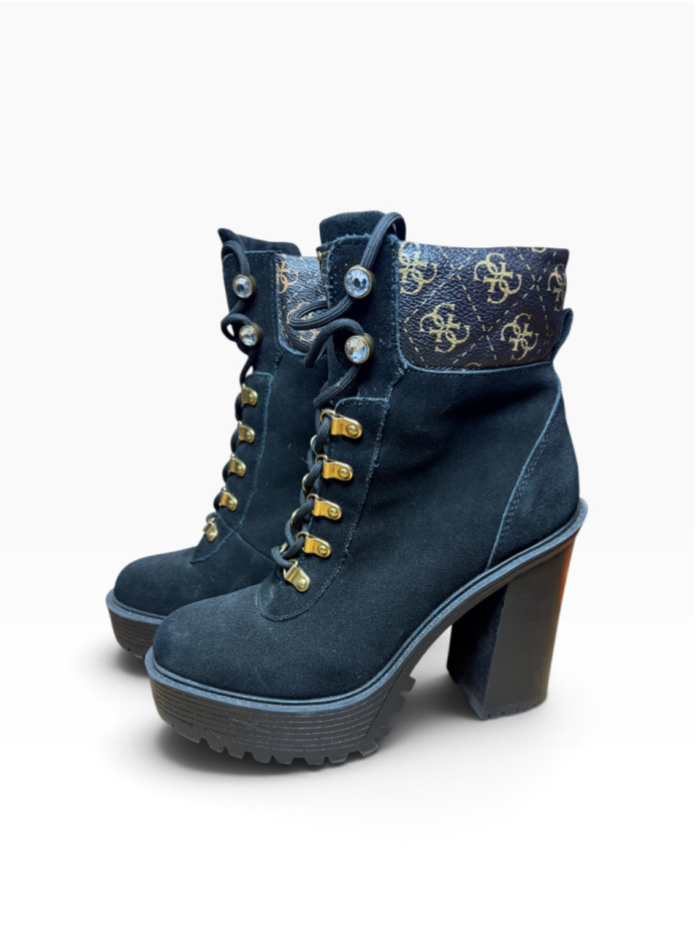 Women's Guess Black Suede Lace Up Platform Heeled Boots Size 8
